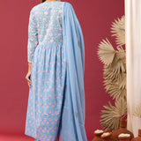 Block Printed Blue Gathered Cotton Kurti Set