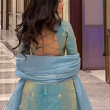 Powder Blue Silk Sharara Set With Gold Motifs