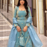 Powder Blue Silk Sharara Set With Gold Motifs