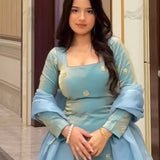 Powder Blue Silk Sharara Set With Gold Motifs