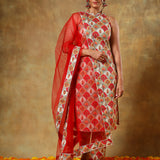Red Floral Medallion Printed Sleeveless Salwar Set With Net Dupatta