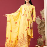 Block Printed Yellow Cotton Cambric Gathered Kurti Set