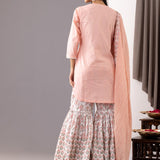 Block Printed Light Pink Cotton Kurta Gharara Set With Dupatta