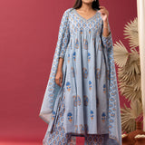 Blue Block Printed Cotton Cambric Gathered Kurti Set