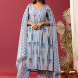 Blue Block Printed Cotton Cambric Gathered Kurti Set