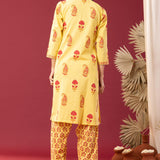 Block Printed Yellow Cotton Cambric Gathered Kurti Set