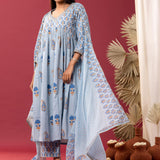 Blue Block Printed Cotton Cambric Gathered Kurti Set