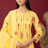 Block Printed Yellow Cotton Cambric Gathered Kurti Set