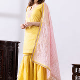 Yellow Dori Embroidered Short Kurta Gharara Set