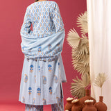 Blue Block Printed Cotton Cambric Gathered Kurti Set