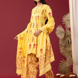 Block Printed Yellow Cotton Cambric Gathered Kurti Set