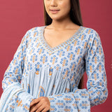 Blue Block Printed Cotton Cambric Gathered Kurti Set