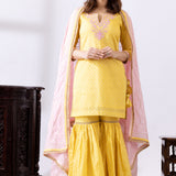 Yellow Dori Embroidered Short Kurta Gharara Set