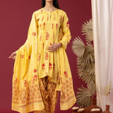 Block Printed Yellow Cotton Cambric Gathered Kurti Set