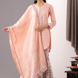 Block Printed Light Pink Cotton Kurta Gharara Set With Dupatta