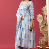 Blue Block Printed Cotton Cambric Gathered Kurti Set