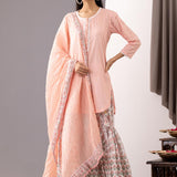 Block Printed Light Pink Cotton Kurta Gharara Set With Dupatta