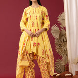 Block Printed Yellow Cotton Cambric Gathered Kurti Set