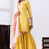 Yellow Dori Embroidered Short Kurta Gharara Set