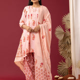 Block Printed Pink Cotton Cambric Gathered Kurti Set