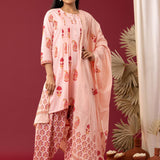 Block Printed Pink Cotton Cambric Gathered Kurti Set