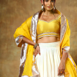 Mustard Yellow Blouse Lehenga With Ivory Skirt And Silver Border