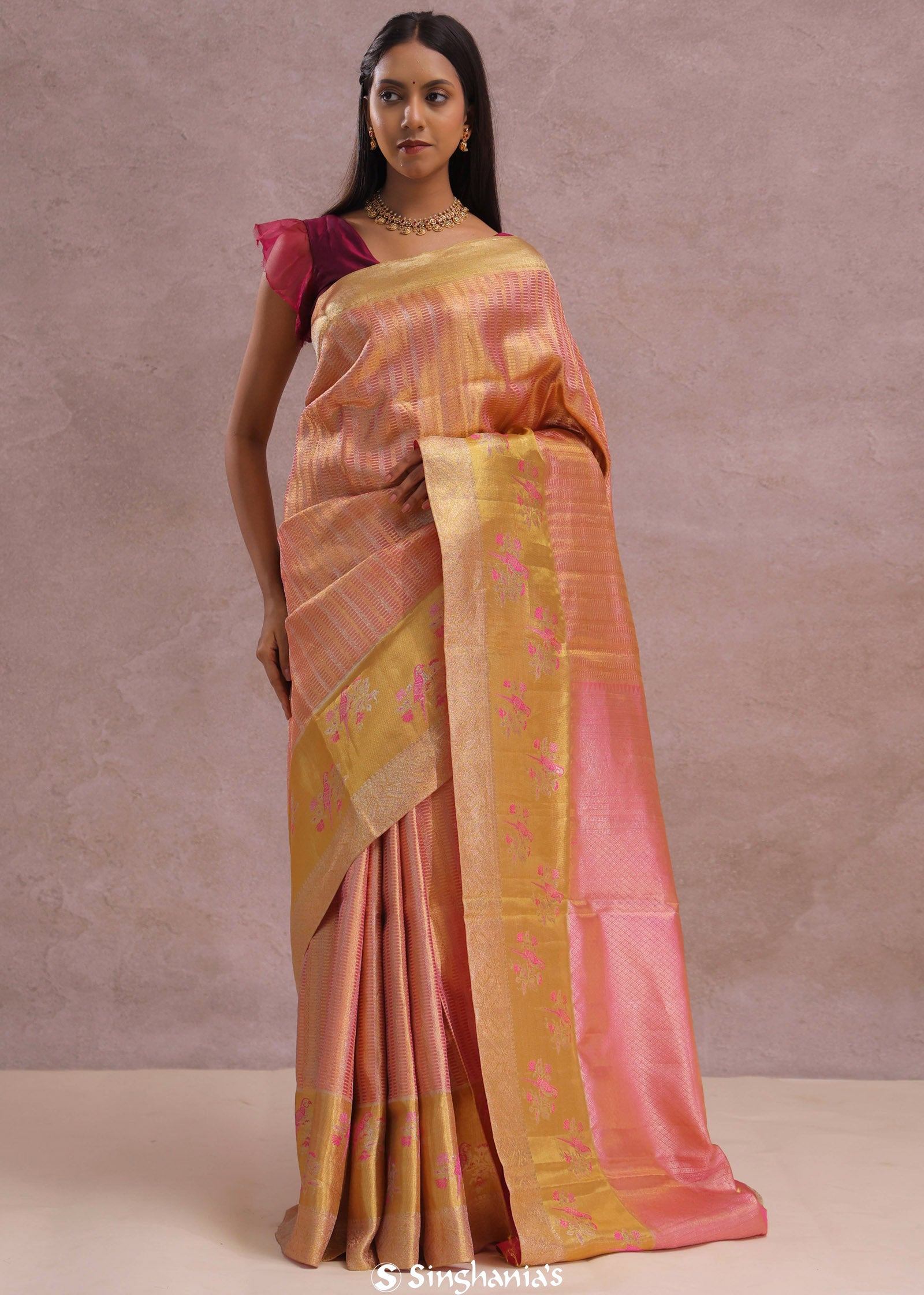 Pink Tissue Kanjivaram Saree With Gold Zari Border
