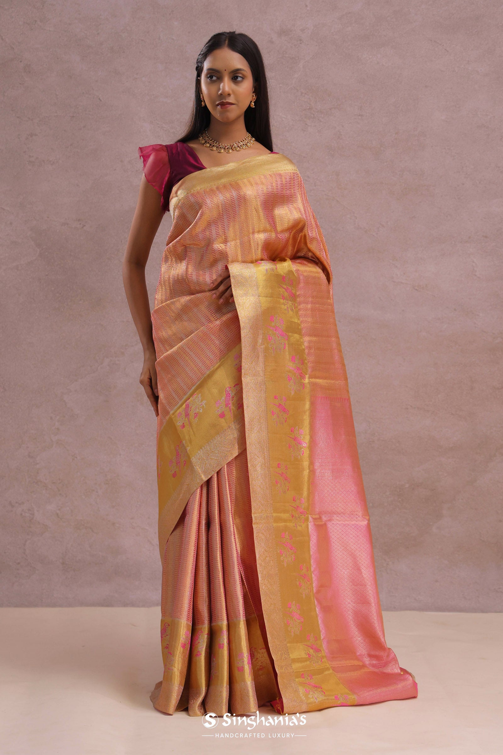 Pink Tissue Kanjivaram Saree With Gold Zari Border