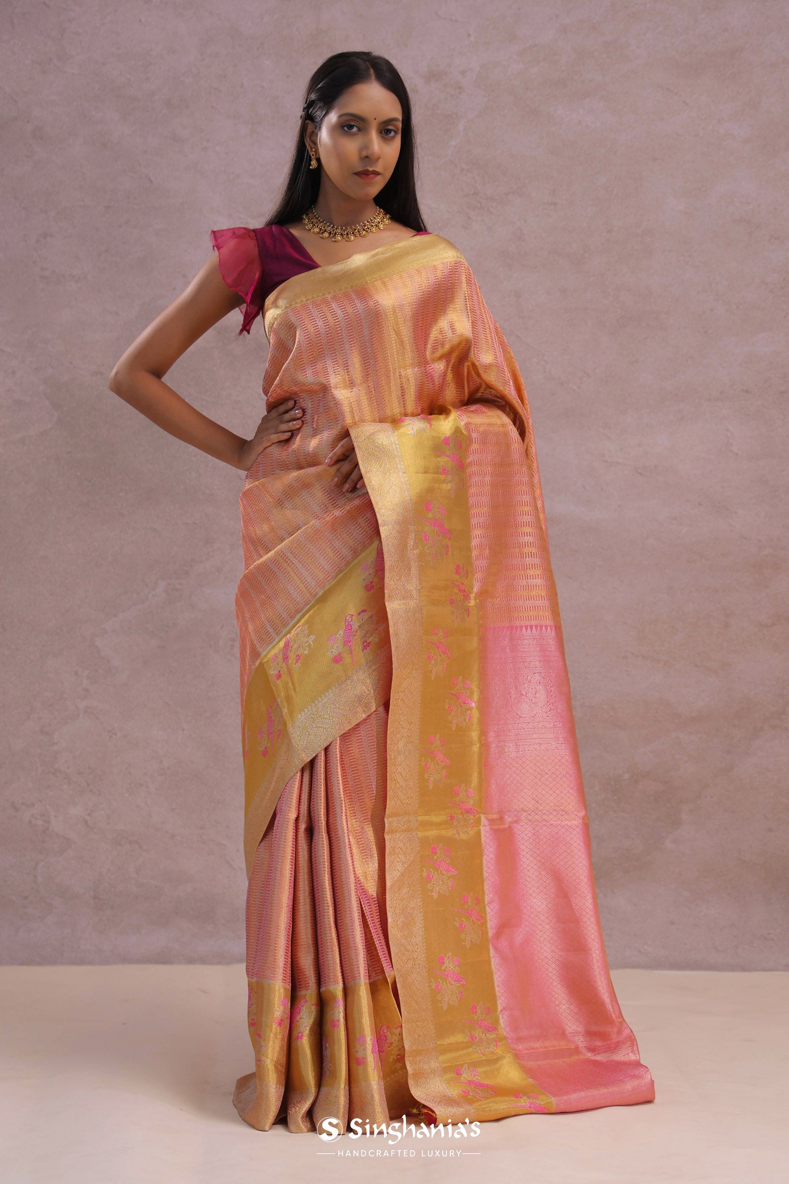 Pink Tissue Kanjivaram Saree With Gold Zari Border