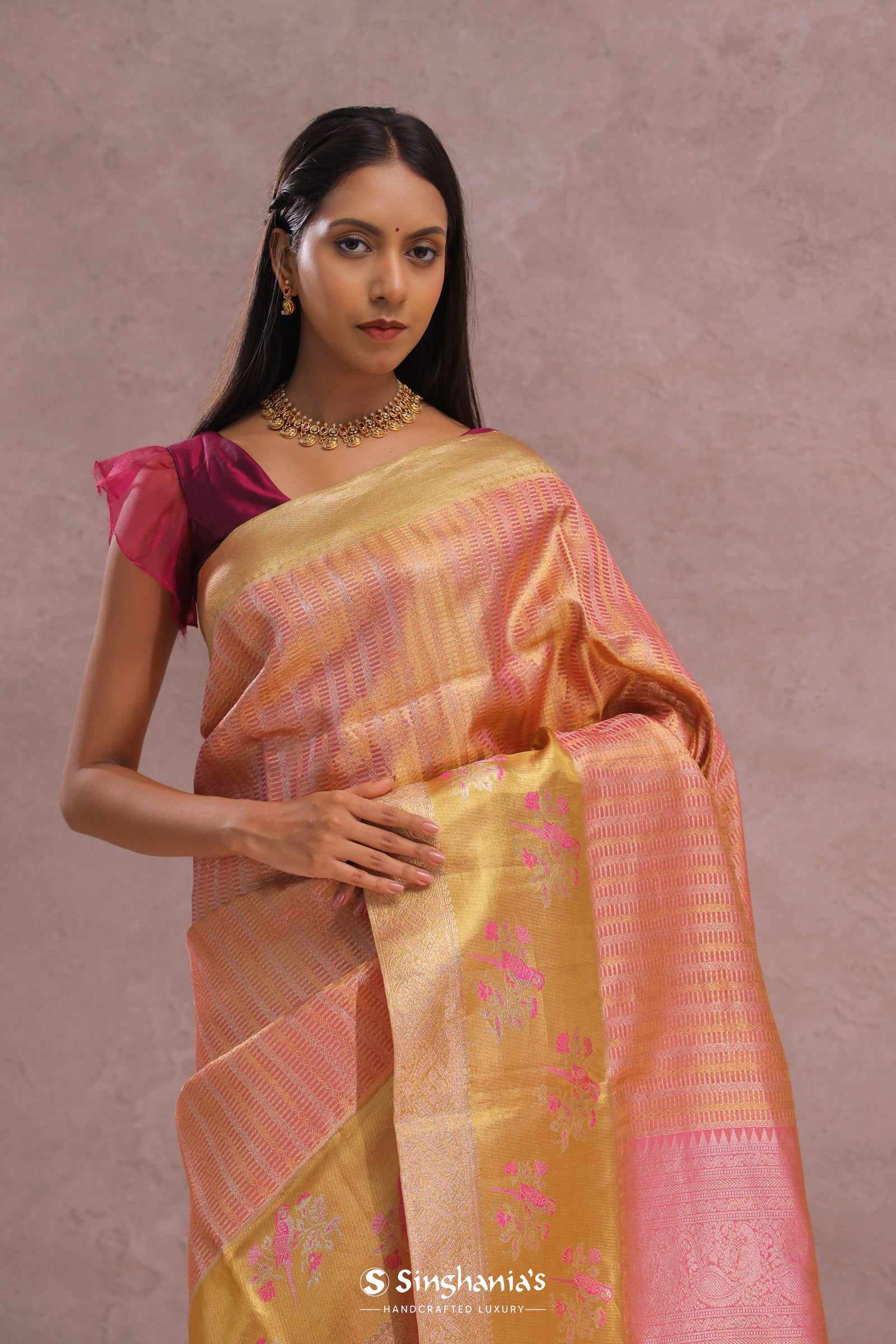 Pink Tissue Kanjivaram Saree With Gold Zari Border