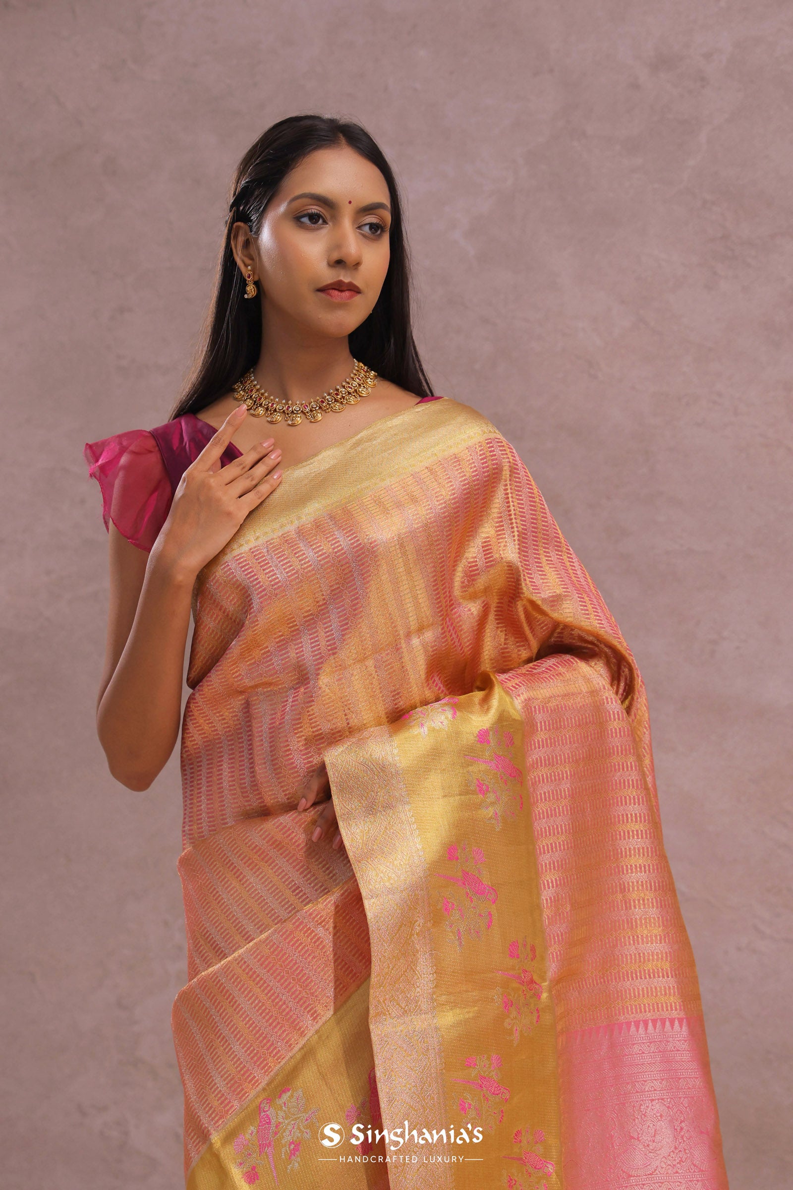 Pink Tissue Kanjivaram Saree With Gold Zari Border