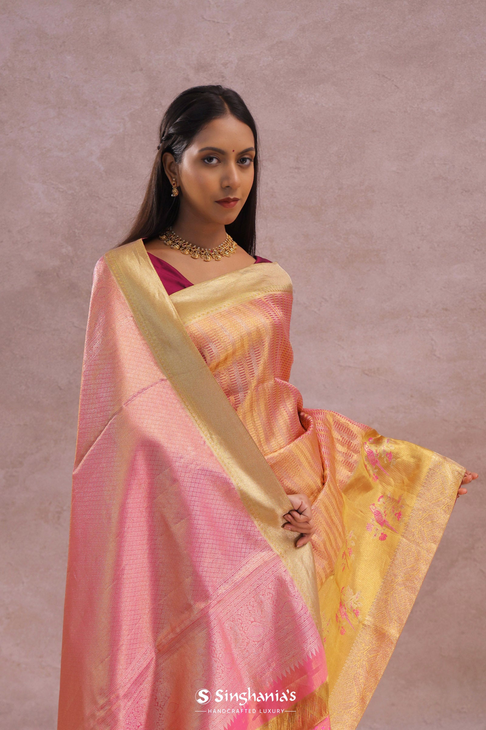 Pink Tissue Kanjivaram Saree With Gold Zari Border