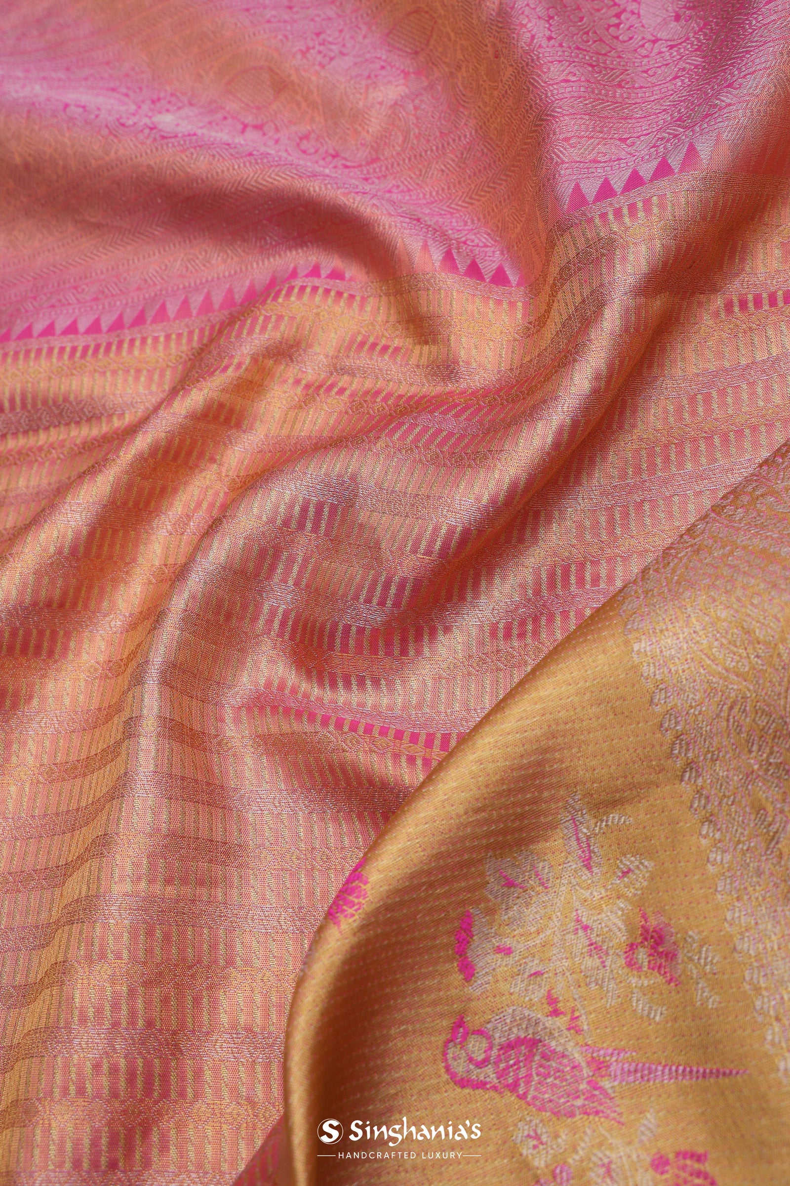 Pink Tissue Kanjivaram Saree With Gold Zari Border