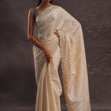 Ivory Whte Organza Embroidery Saree With Scallop Border