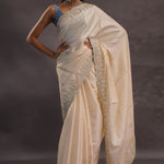 Ivory Whte Organza Embroidery Saree With Scallop Border