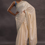 Ivory Whte Organza Embroidery Saree With Scallop Border