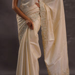 Ivory Whte Organza Embroidery Saree With Scallop Border