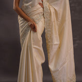 Ivory Whte Organza Embroidery Saree With Scallop Border