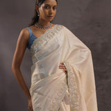 Ivory Whte Organza Embroidery Saree With Scallop Border