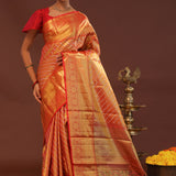 Orange Kanjivaram Saree With Gold Zari Work And Gold And Silver Zari Design