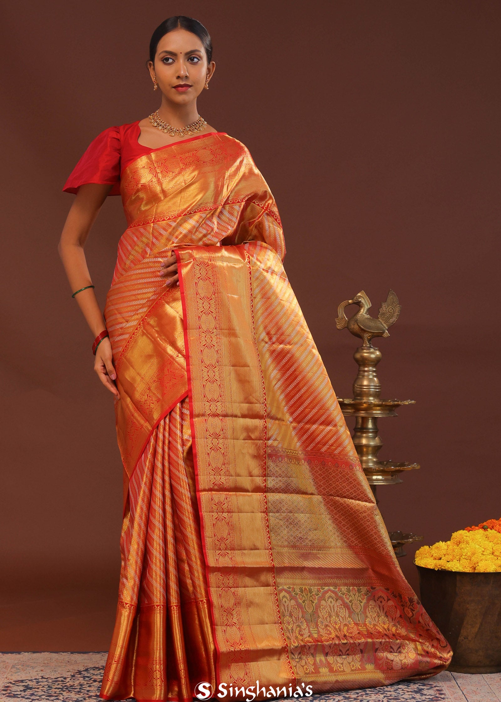 Orange Kanjivaram Saree With Gold Zari Work And Gold And Silver Zari Design