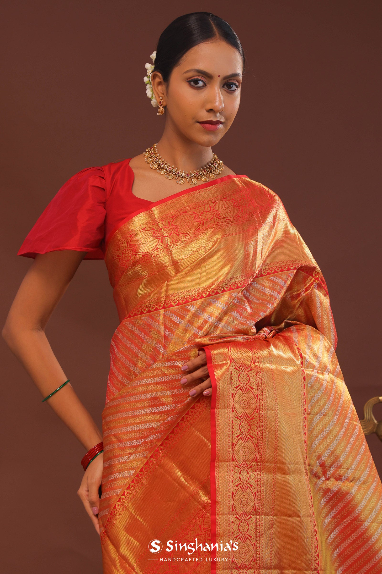 Orange Kanjivaram Saree With Gold Zari Work And Gold And Silver Zari Design