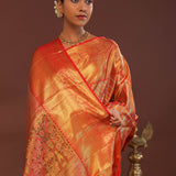 Orange Kanjivaram Saree With Gold Zari Work And Gold And Silver Zari Design