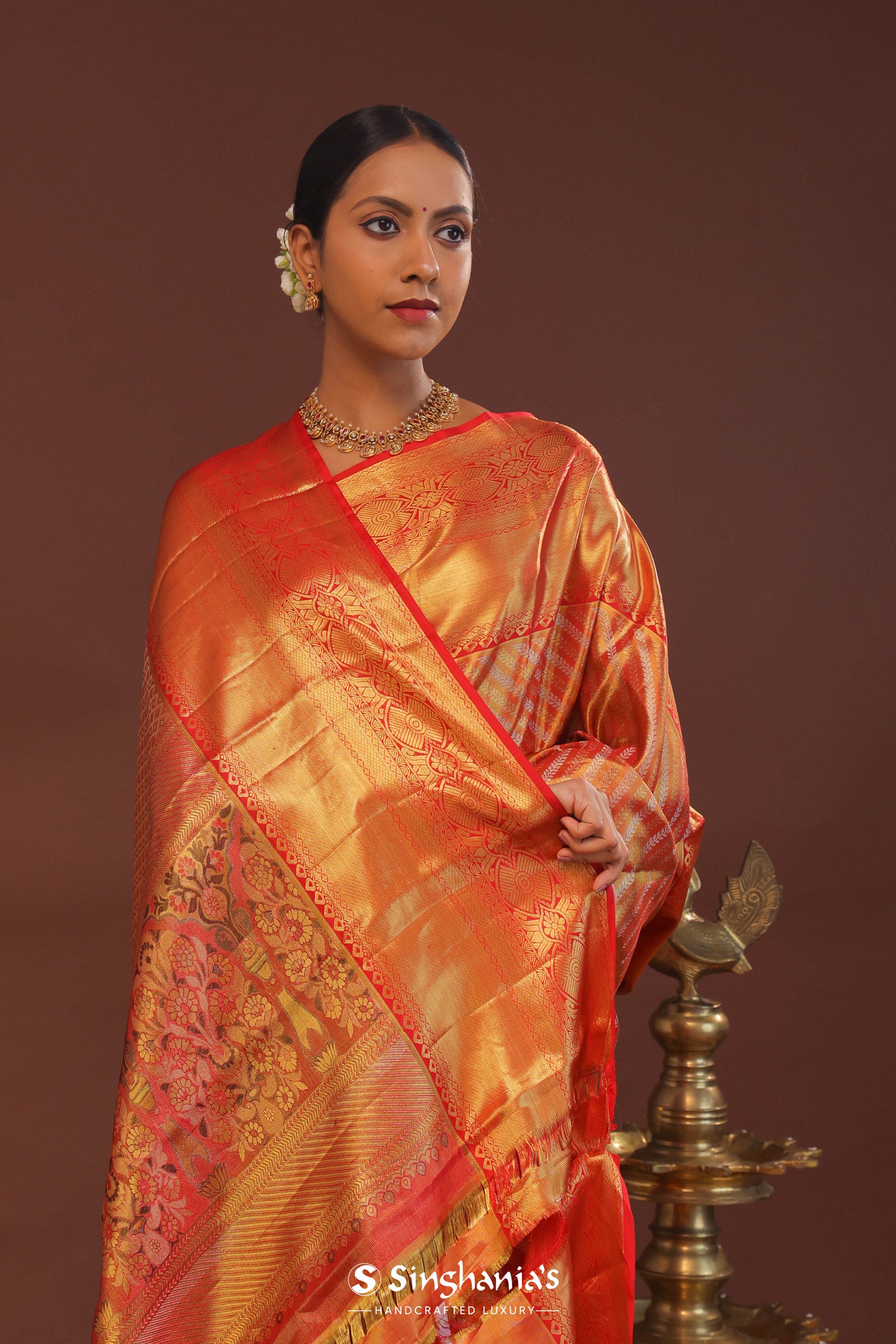Orange Kanjivaram Saree With Gold Zari Work And Gold And Silver Zari Design