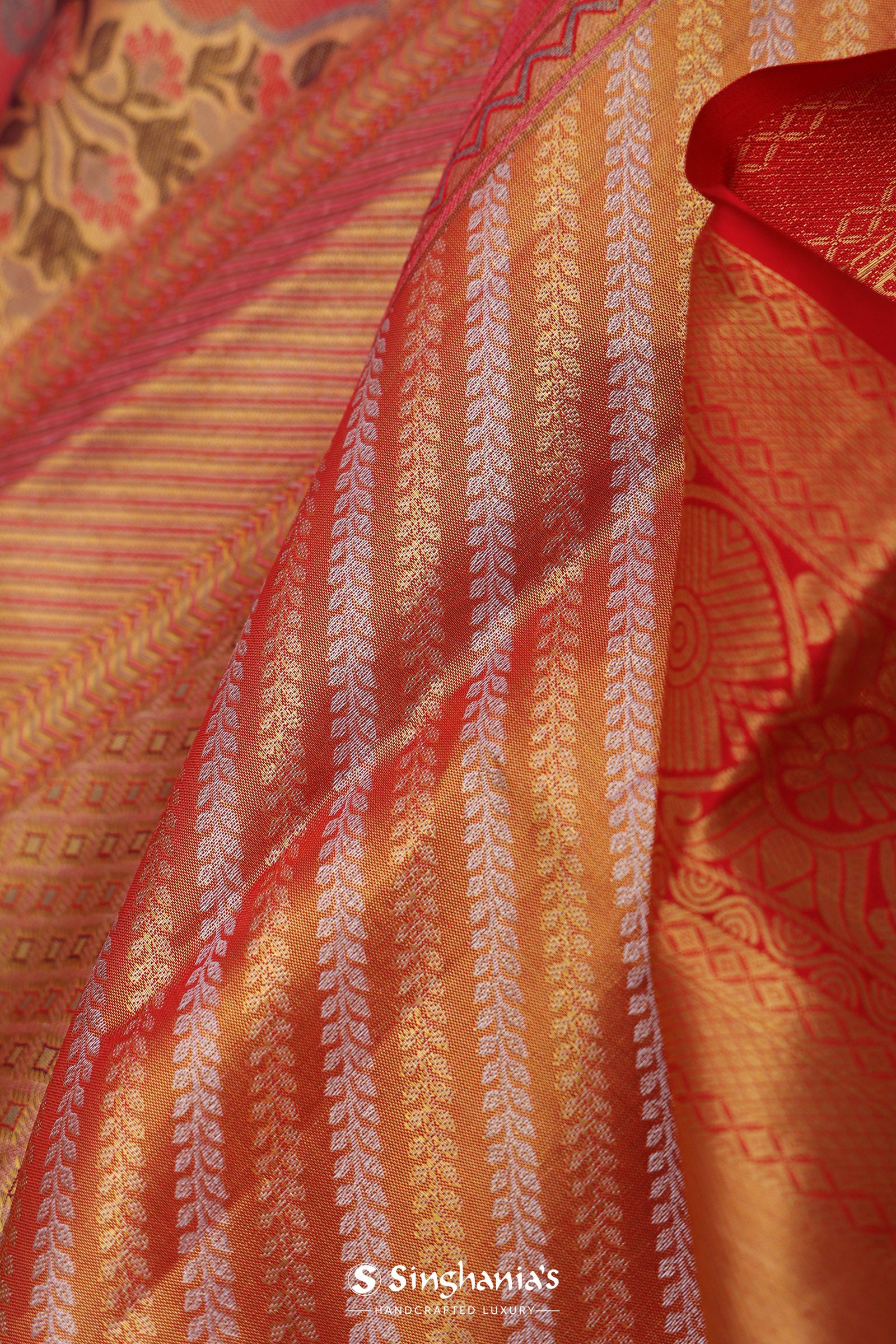 Orange Kanjivaram Saree With Gold Zari Work And Gold And Silver Zari Design