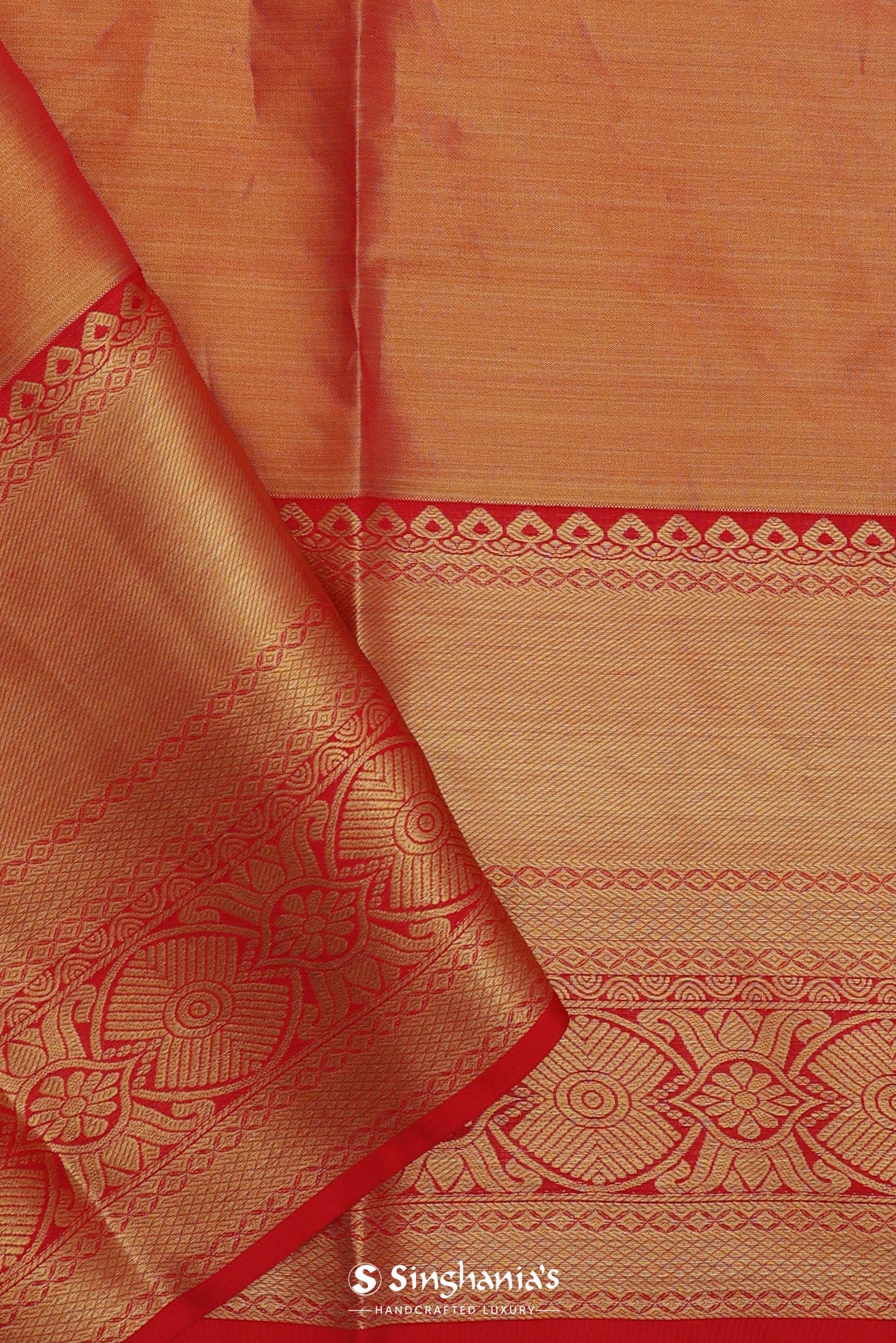 Orange Kanjivaram Saree With Gold Zari Work And Gold And Silver Zari Design