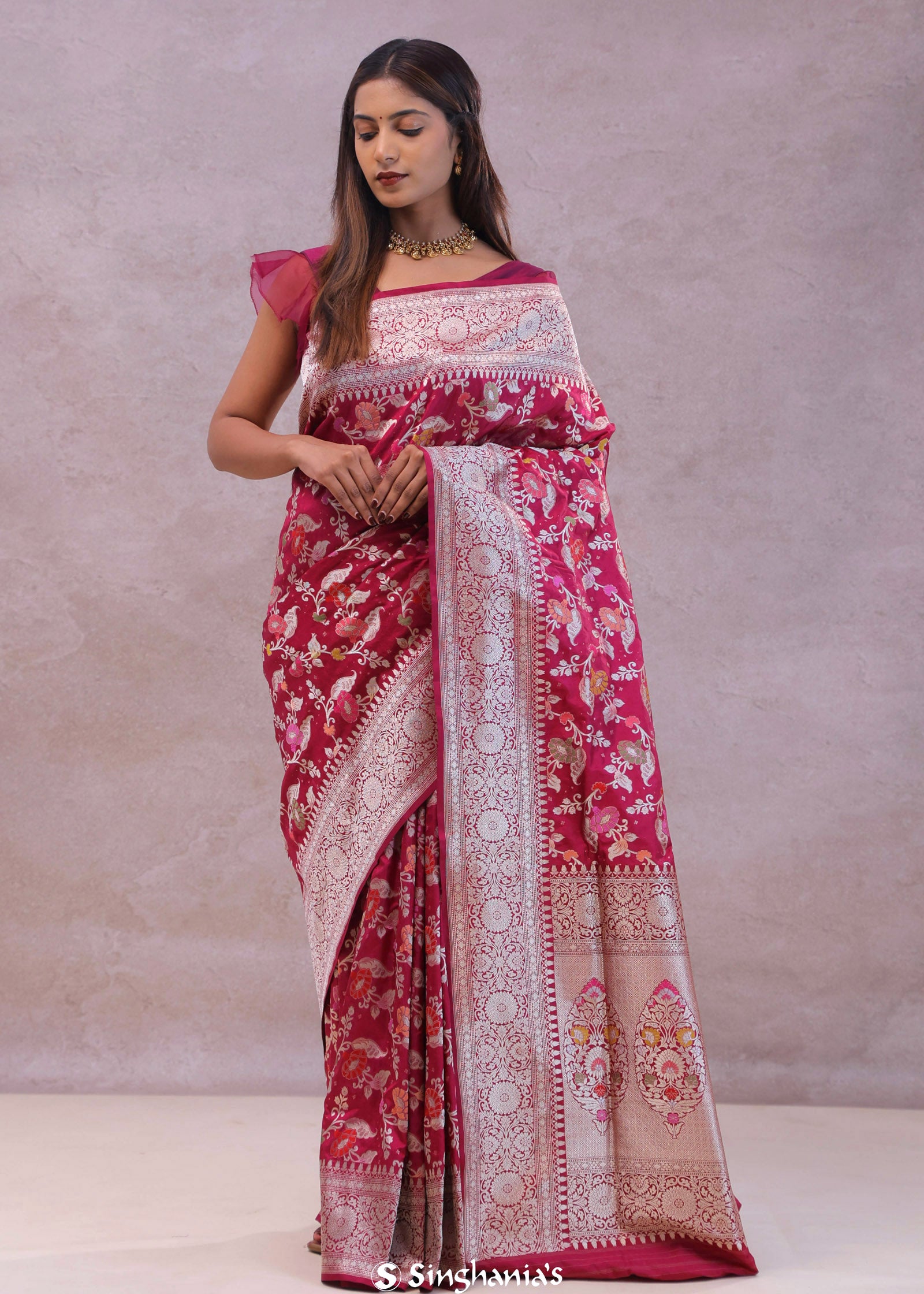 Maroon Banarasi Silk Saree With Jamdani And Meenakari Design