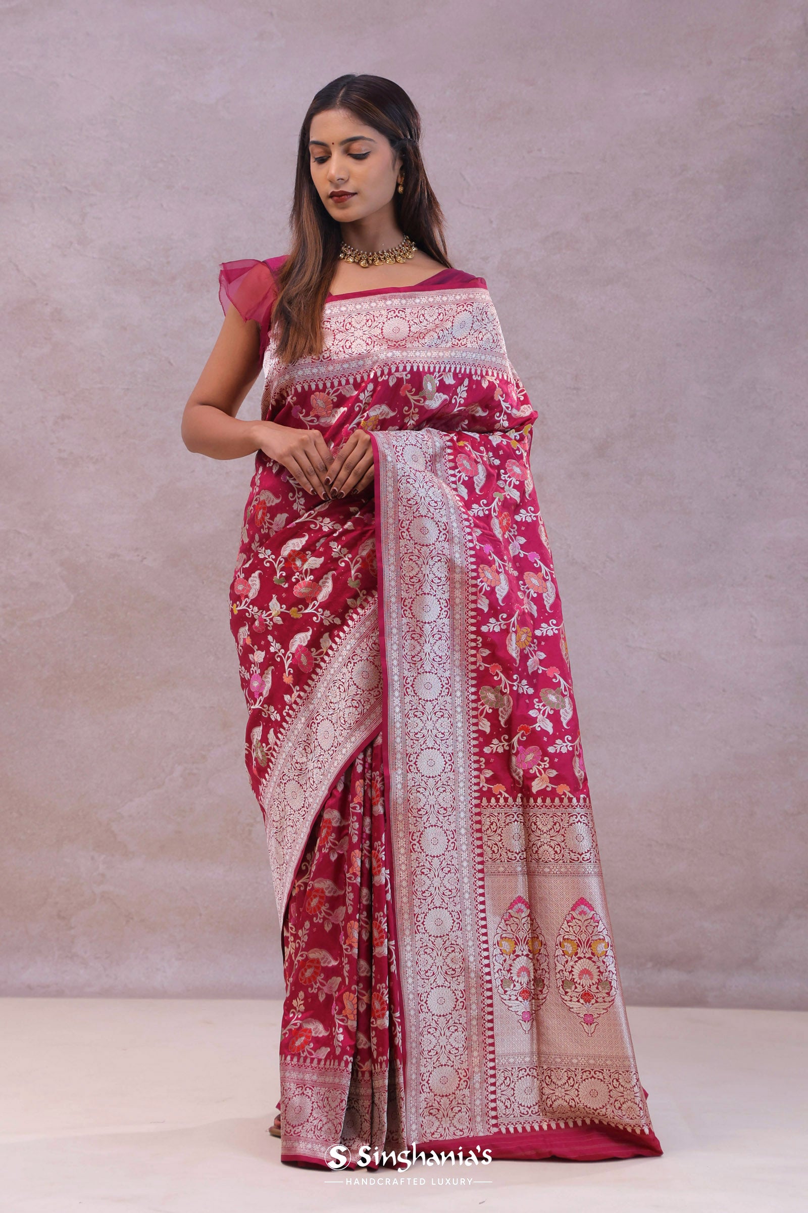 Maroon Banarasi Silk Saree With Jamdani And Meenakari Design