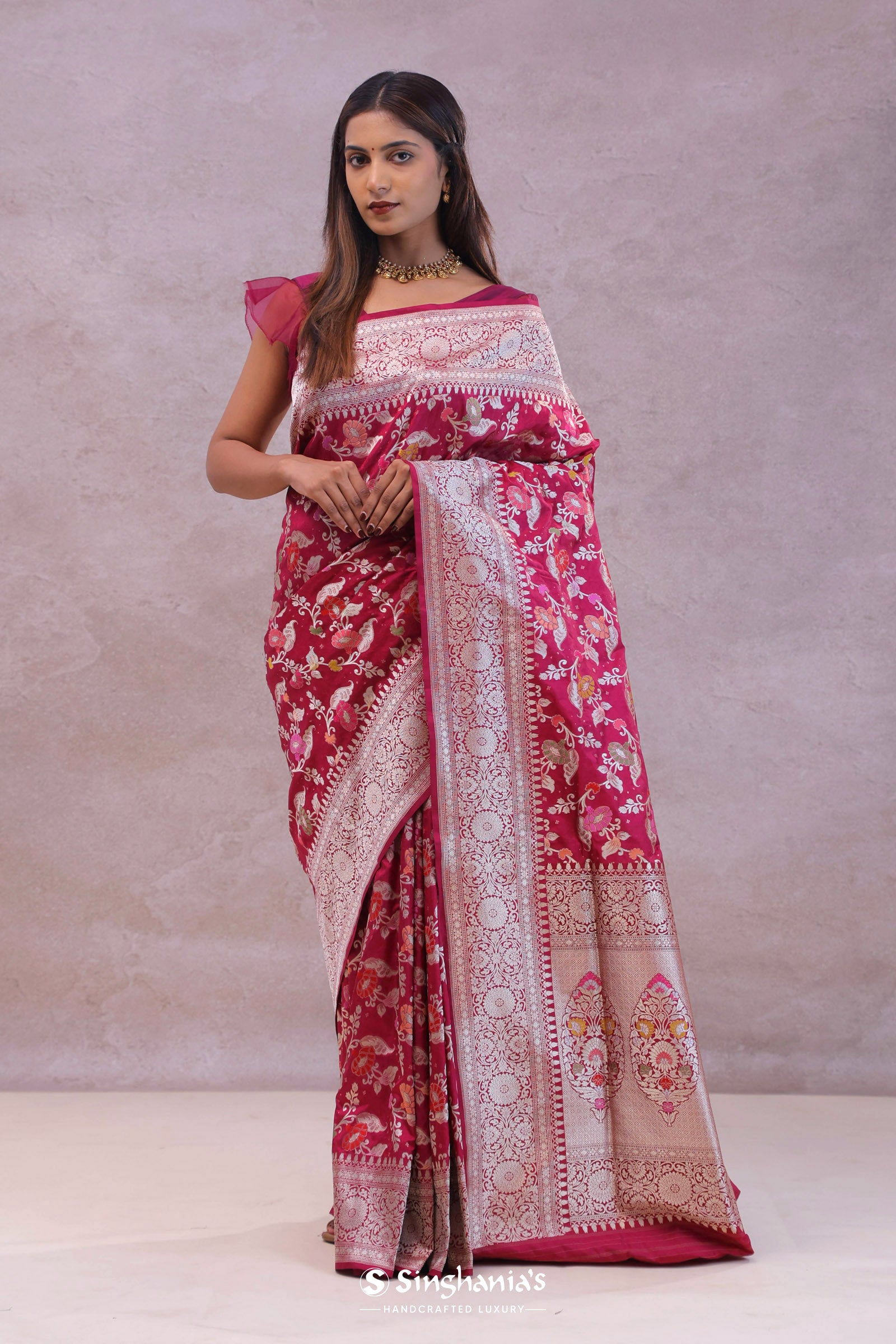 Maroon Banarasi Silk Saree With Jamdani And Meenakari Design