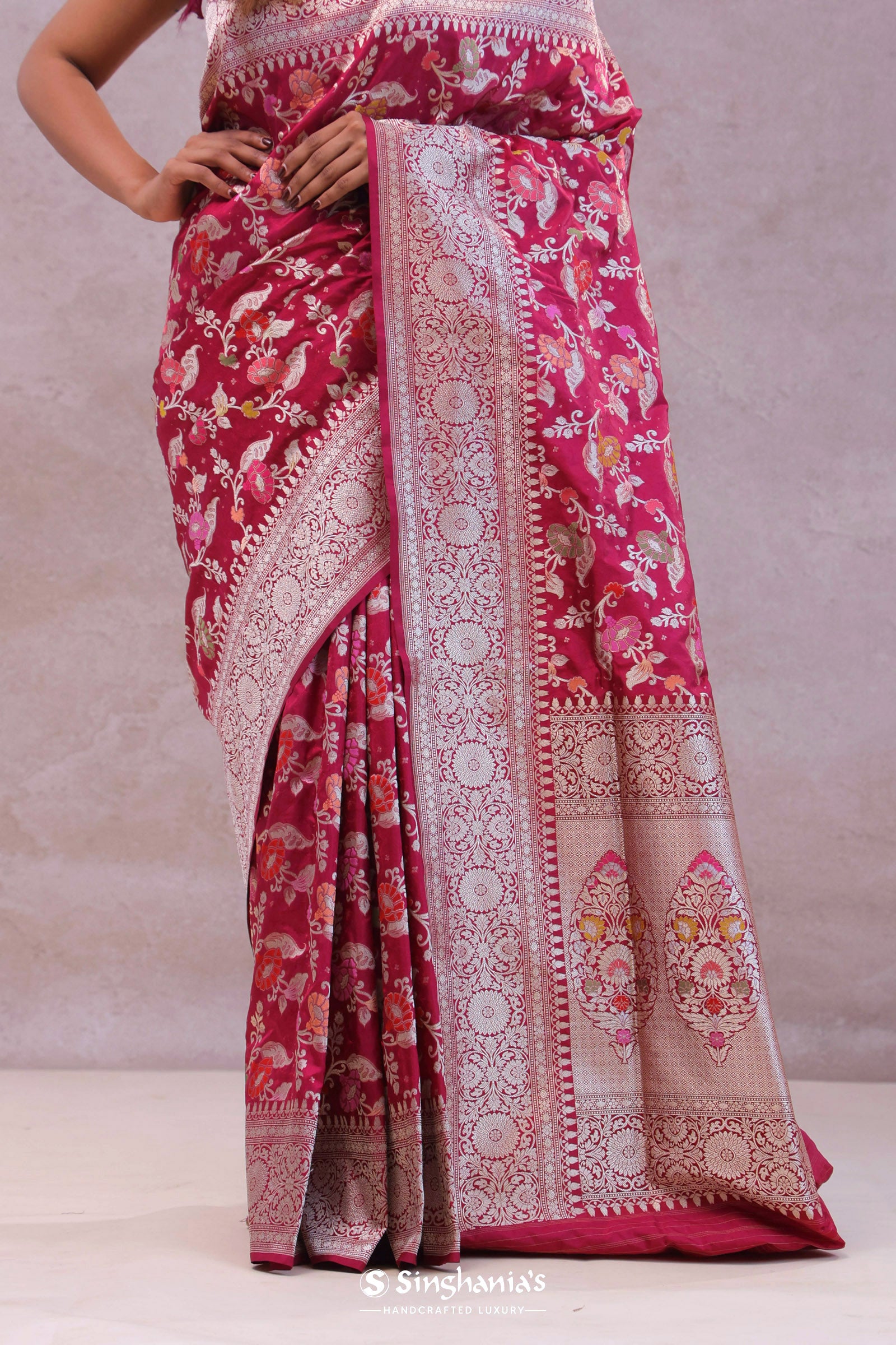 Maroon Banarasi Silk Saree With Jamdani And Meenakari Design